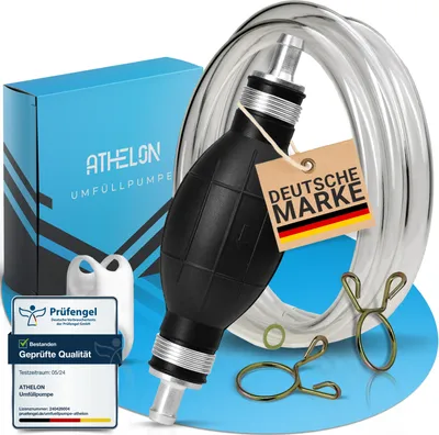 Produktbild von ATHELON® Handpumpe für Benzin, Diesel, Wasser & Öl - XL Umfüllpumpe inkl. Flüssigkeitsregler und 2m Schlauch - Verbesserte Schlauchpumpe [2024] - Zuverlässig & Auslaufsicher
