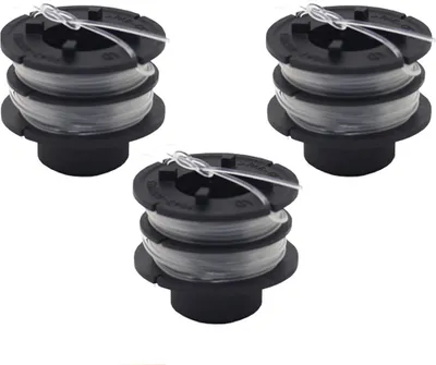 Three spools of trimmer line are arranged in a triangular formation on a white background.