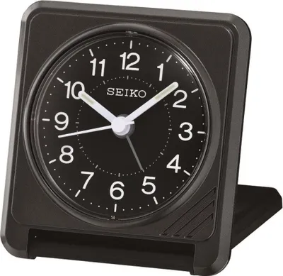 A black Seiko alarm clock is shown from the front.