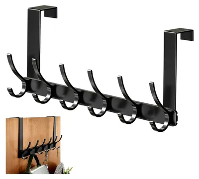Produktbild von Türhaken zum Einhängen, praktische Türgarderobe aus Metall mit 12 Haken, platzsparend und ohne Bohren, für Bad und Schlafzimmer, Schwarz