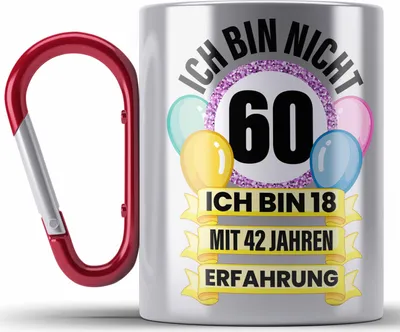 Produktbild von Trendation -  60. Geburtstag Edelstahl Tasse Karabiner Frau Geschenk 60er Geschenkidee 60 Mutter Frauen Lustig Geschenke 60 Jahre Alt Mann Männer (Rot)