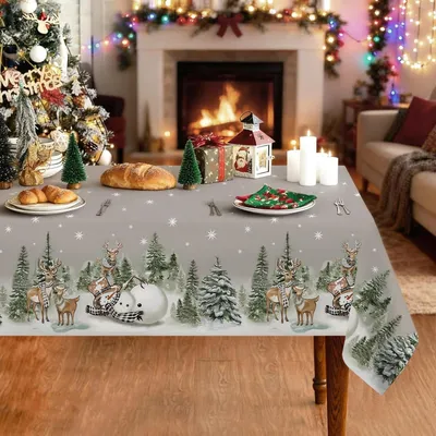Obrázok produktu pre Vianočná obrus, umývateľná, 136x248 cm, sivá, polyester, s vianočnými motívmi