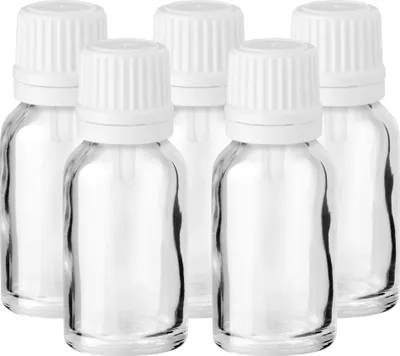 Produktbild von 5x Klare Glasflasche 15 ml mit weißem Tropfeinsatz leer zum Befüllen