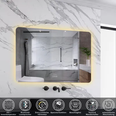 Produktbild von LED Badspiegel 120x80cm Rechteck Badspiegel mit Bluetooth Uhr Anti-Beschlag 3 Lichfarbe Dimmbar Badezimmerspiegel Lichtspiegel IP44