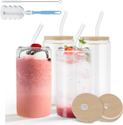 Image de XINZI Verres à cocktail 4 pièces 500ml avec couvercle & paille, Idéal pour cocktails, café glacé, fêtes - Pratique & stylé, Superbe idée cadeau