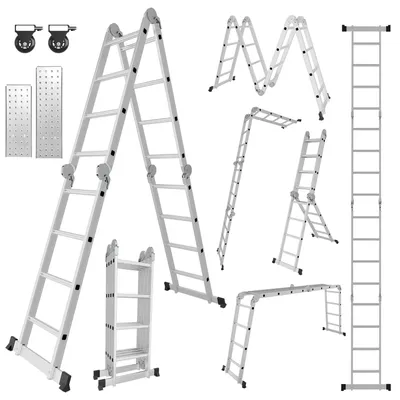 Image de Échelle multifonction Peviasot en aluminium 7 en 1, 4 marches, environ 470 cm / 4,7 m, échelle pliante télescopique avec plateformes, roulettes et surface antidérapante, capacité de charge maximale de 150 kg