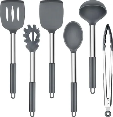Produktbild von Silikon Küchenhelfer Set, 6 Stück Kochutensilien Kochbesteck Set mit Edelstahlgriff, Hitzebeständiger & Antihaft - Grau