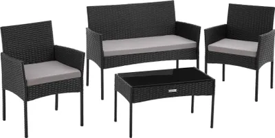 A black rattan garden furniture set with gray cushions, including two chairs, a loveseat, and a coffee table, displayed on a white background.