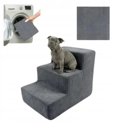 Produktbild von Komvortowy | Haustiertreppe | DUNKELGRAU | Cord | 3 Stufen | für Bett & Sofa | 36 cm | Hunderampe | Hundetreppe | Abnehmbar und Waschbar