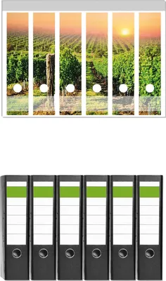 Produktbild von Wallario 6 Stück breite Ordner inkl. Klebeetiketten mit Motive Weinberg mit untergehender Sonne -  Set mit Rückenschildern / Ordnerrücken Stickern