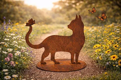 Produktbild von Gartendeko Gartenstecker Katze mit Schmetterling, Edelrost Rost-Optik Metallfigur, Gartenskulptur rostige Deko aus Metall Beetstecker Wetterfest