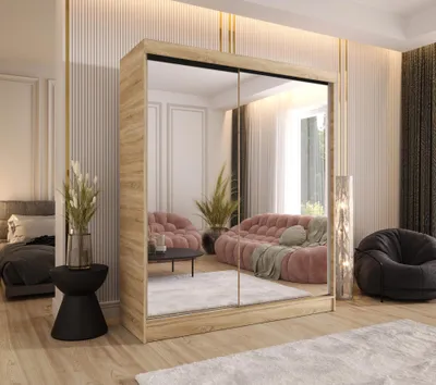 Produktbild von Schwebetürenschrank 2-türig 100x205x58 cm Eiche Sonoma mit 2 Spiegeln – Moderner Kleiderschrank für Schlafzimmer und Flur