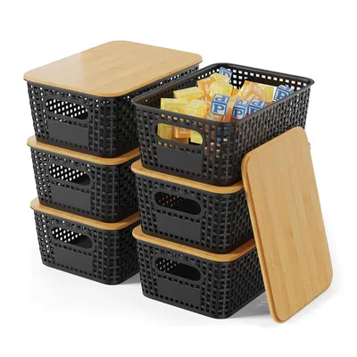 Produktbild von Aufbewahrungskorb 6er Set, mit Deckel aus Bambus, rechteckig, Bad, Schlafzimmer, Küche und Schreibtisch, Accessoires, dekorativer Organizer, Schwarz