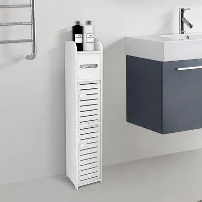 Immagine prodotto di Mobiletto contenitore per il bagno - Scaffale stretto per il bagno - Porta rotolo di carta igienica - 78x17x15 cm - Plastica - Bianco