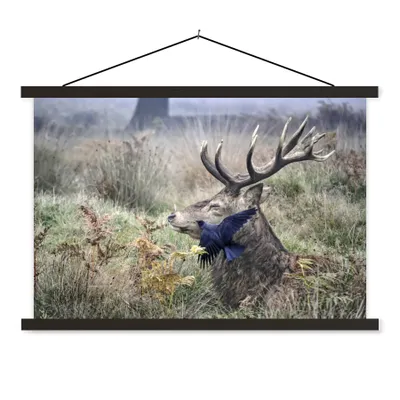 Produktbild von MuchoWow® Textilposter Hirsch - Vogel - Wald 60x40 cm mit schwarzem Rahmen - Hölzernes