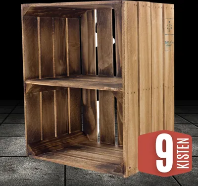 Produktbild von 9 geflammte braune Holzkiste mit Mittelbrett Quer 50cm x 40cm x 30cm Obstkiste Holzregal Kiste Weinkiste