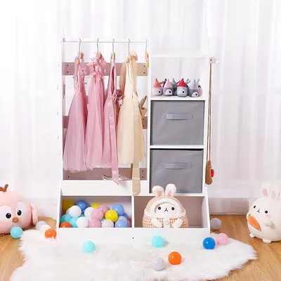 Imagen del producto de Armario infantil Silecomplaza con espejo y luz LED – Estante abierto para ropa con cajas de almacenamiento, ganchos y compartimentos – Perfecto para habitaciones de niñas, disfraces y almacenamiento de juguetes – Color: Blanco