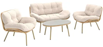 Produktbild von Gartenmöbel Set 4-teilig Polyrattan Lounge-Set mit Zweisitzer 2 Sessel Tisch Tiefem Sitz Dicke Kissen
