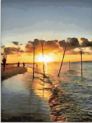 Produktbild von ARTland Glasbild Fischer bei Sonnenuntergang Größe: 60x80 cm