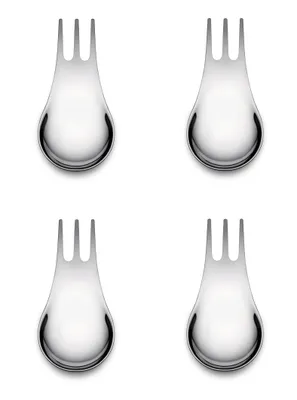 Four identical silver cutlery pieces are arranged in a 2x2 grid on a white background.