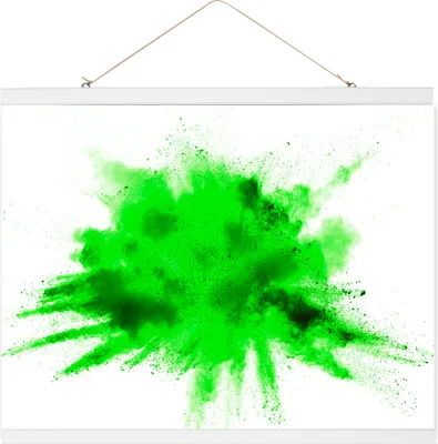 A green powder explosion against a white background, framed by a magnetic poster hanger.