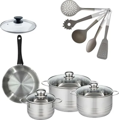 Image de Batterie de cuisine avec 3 faitouts 16/20/24 cm et 1 poêle 20 cm avec 6 ustensiles de cuisine Fackelmann Généva Brillant Vario avec couvercles