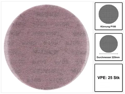 A circular sanding pad is shown on a white background, with smaller inset images and text providing product details.