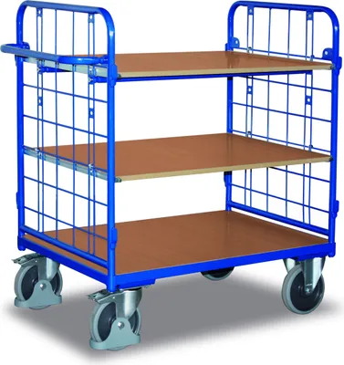 Produktbild von Paketwagen mit 2 Gitterwänden + 3 Böden 400 kg Traglast Typ S + EasySTOP