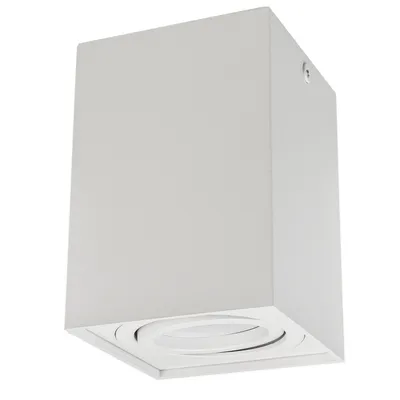 Imagen del producto de Luminaria de techo para empotrar con casquillo GU10, compatible con lámparas LED y halógenas de hasta 40W.  Montaje en superficie, inclinable, de aluminio, color blanco, diseño rectangular
