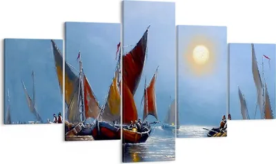 Produktbild von Bild auf Leinwand - Leinwandbild - Boote Sonne Fischer Angeln - 125x70cm - Wand Bild - Wanddeko - Leinwanddruck - Bilder - Kunstdruck - Wanddekoration - Leinwand bilder - Wandkunst - EA125x70-2957