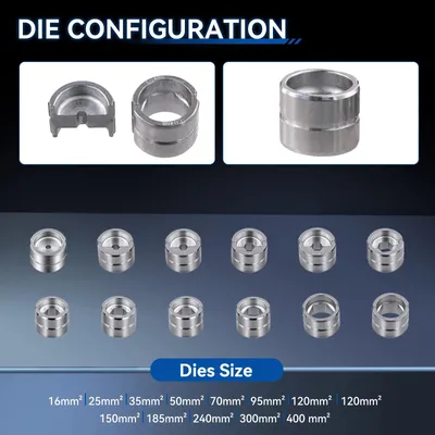 Produktbild von Elektrische hydraulische Kabelschuh-Crimpzange - Handgeführt - Wiederaufladbar - 12 Matrizen - 16–400 mm² - Für Kupfer- und Aluminiumkabelschuhe