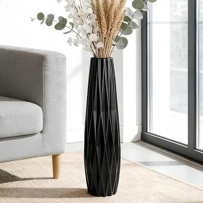 Imagen del producto de Gran jarra de cerámica negra de 60 cm, 24 pulgadas de alto, jarra decorativa para sala de estar, dormitorio y oficina, perfecta para plumas de pampa y arreglos florales