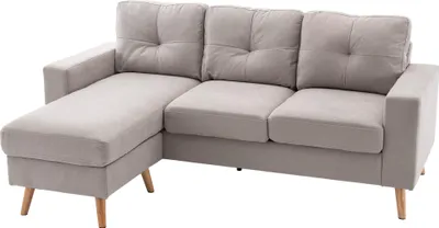 Produktbild von L-Sofa Leinenoptik, Ecksofa 3-Sitzer wendbare Chaiselongue, Eukalyptusholz-Rahmen, Hellgrau | Links oder Rechts montierbar | 193 x 136 x 85 cm