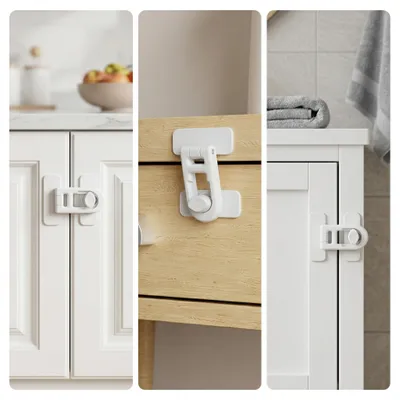 Imagen del producto de Cerraduras de seguridad para armarios, ABS, 6 unidades, color blanco, autoadhesivas, para la cocina