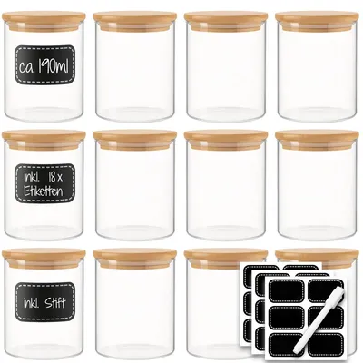 Produktbild von 12er Set 190ml Vorratsgläser mit Bambusdeckel inkl. 18 Etiketten und Stift Gewürzgläser für Gewürze, Kaffee, Tee, trockene Lebensmittel, etc.