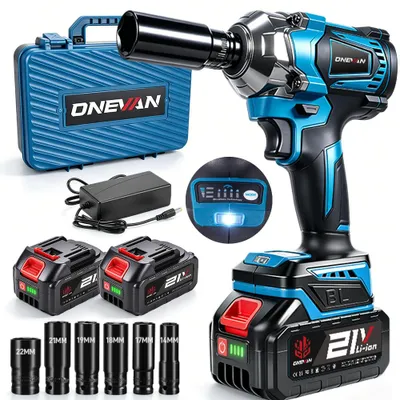 Image de Clé à chocs sans fil, 1200 Nm, moteur sans balais, 3 vitesses, LED, étui, 2 batteries 4,0 Ah, 12 accessoires, pour maison et voiture.