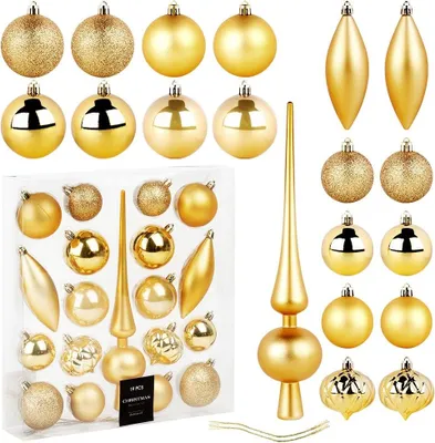 Produktbild von Bruchsichere goldene Christbaumkugeln mit Dorn, 19 Stück.