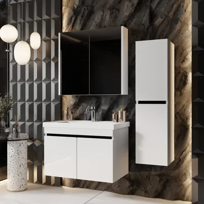 Produktbild von Badmöbel Set Weiß Venus | Waschtisch mit Unterschrank | Spiegelschrank | Keramik 80 mit Einbauwaschbecken