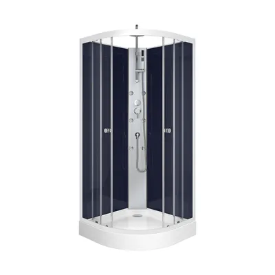 A freestanding shower cabin with dark blue glass panels and a white base and frame, set against a white background.