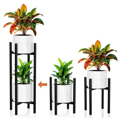 Produktbild von 2er-Set Pflanzenständer aus Metall – Verstellbar von 20 bis 30 cm, stapelbar als 2-Etagen Blumenständer, Schwarz, 75 cm hoch