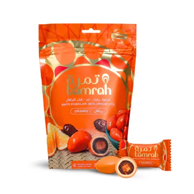 Produktbild von Tamrah Datteln in Orangen-Schokolade mit Orangenscheibe 100 g