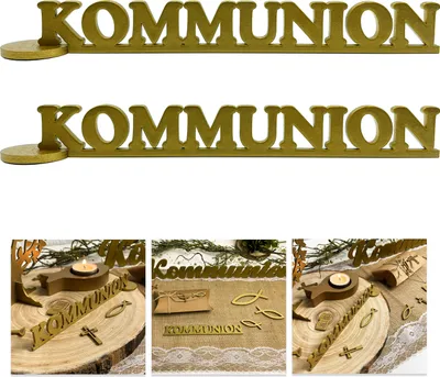 Produktbild von Oblique Unique Schriftzug Kommunion aus Holz 2er Set als Tischdeko für Kommunion Deko Dekoration Junge Mädchen - gold