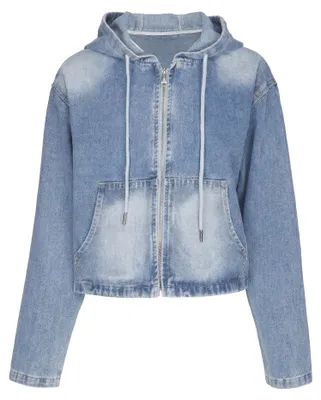Produktbild von Damen lässige Denim Jacke mit Kapuze und Reißverschluss blau M Regular Fit