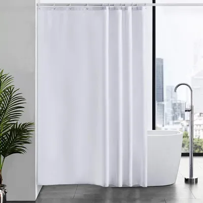 Produktbild von Duschvorhang für Badewanne und Dusche im Badezimmer, textiler Badezimmervorhang, schimmelresistent, waschbar, wasserdicht, weiß mit 12 Ringen, 180 x 210 cm.