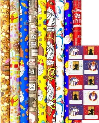 Obrázek produktu pro Balicí papír Sinterklaas včetně 20 samolepek se jmény - 300 x 70 cm - 3 role