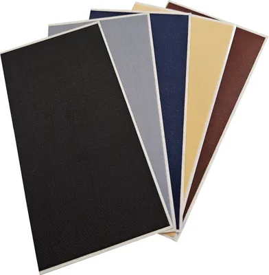 A fan of fabric swatches in various colors.