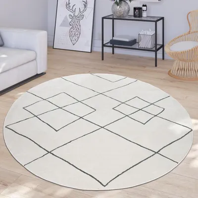Produktbild von TT Home Wohnzimmer Teppich Modernes Rauten Design Skandi Kurzflor Strapazierfähig, Weiß Größe 200 cm Rund