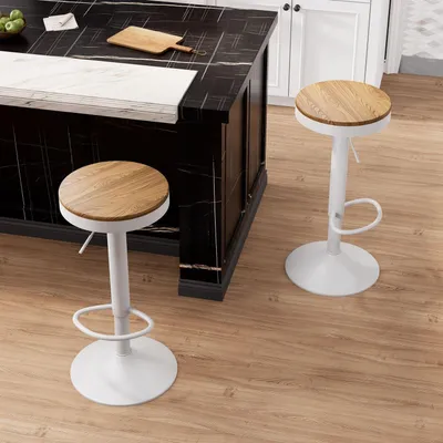 Productafbeelding van Barstoelen, set van 2, wit, hout, in hoogte verstelbaar, draaibaar, met voetsteun, vintage stijl