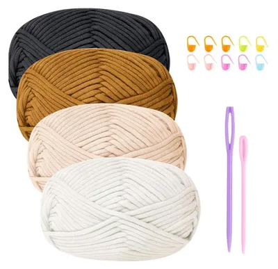 Image de Fil de coton-nylon pour crochet, mélange idéal pour les débutants, 4 pelotes de 50g, 4 couleurs, avec aiguilles et marqueurs inclus