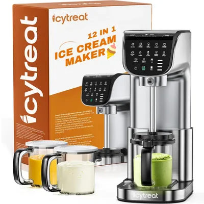 Obrázok produktu pre Výrobník zmrzliny IcyTreat IC-1010 EU –  CE – Plne automatický, kryt z nehrdzavejúcej ocele – Vybavený 3 nádobami a 12 programami – Strieb